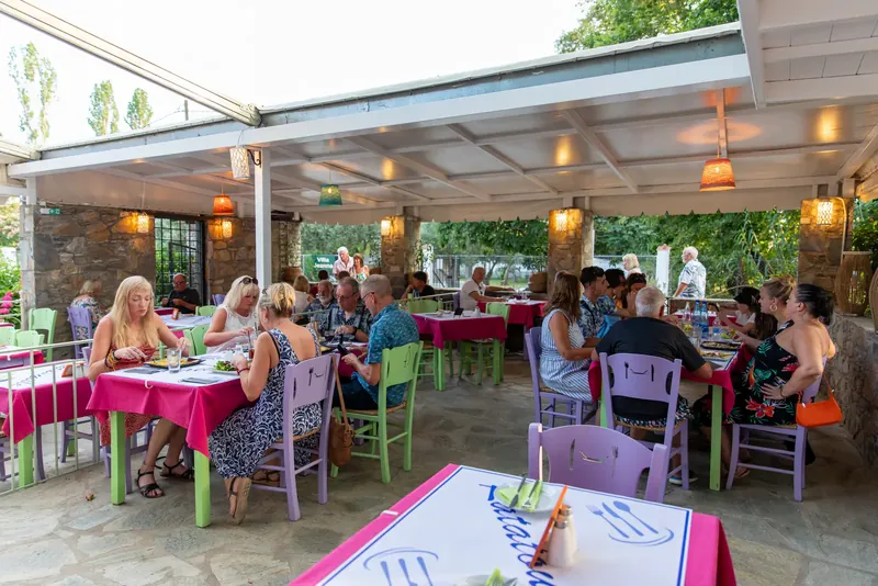 Guests at dinner on the covered terrace